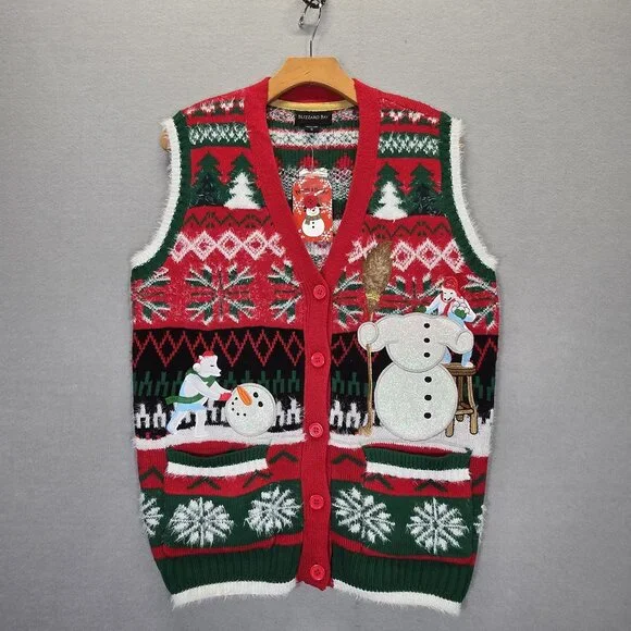Blizzard Bay Red Green Snowman Ugly Christmas Vest S - Picture 1 of 9
